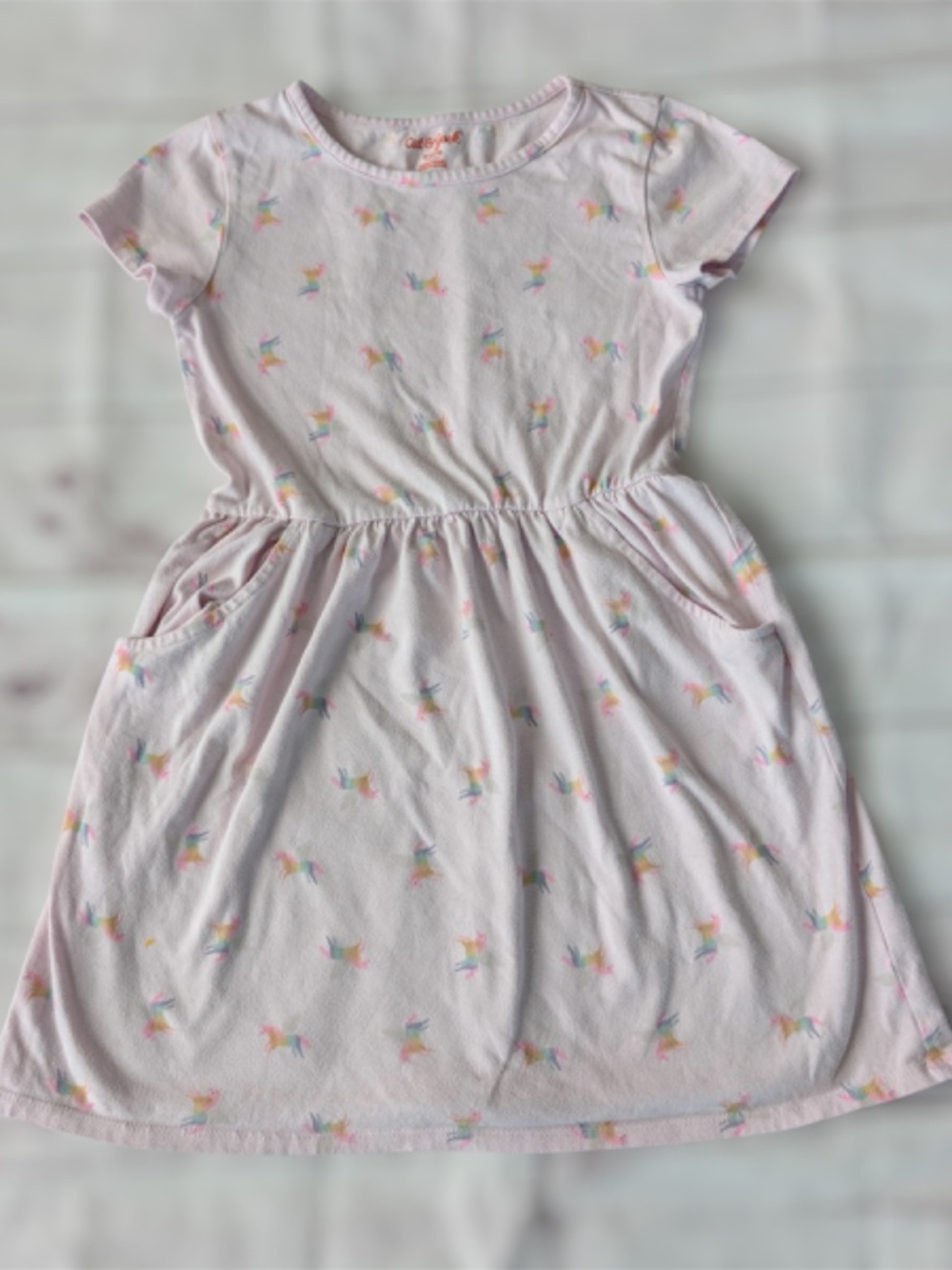 Cat & Jack Girl's size Medium 7/8 Pink Unicorn Short Sleeve Skater Dress Cotton